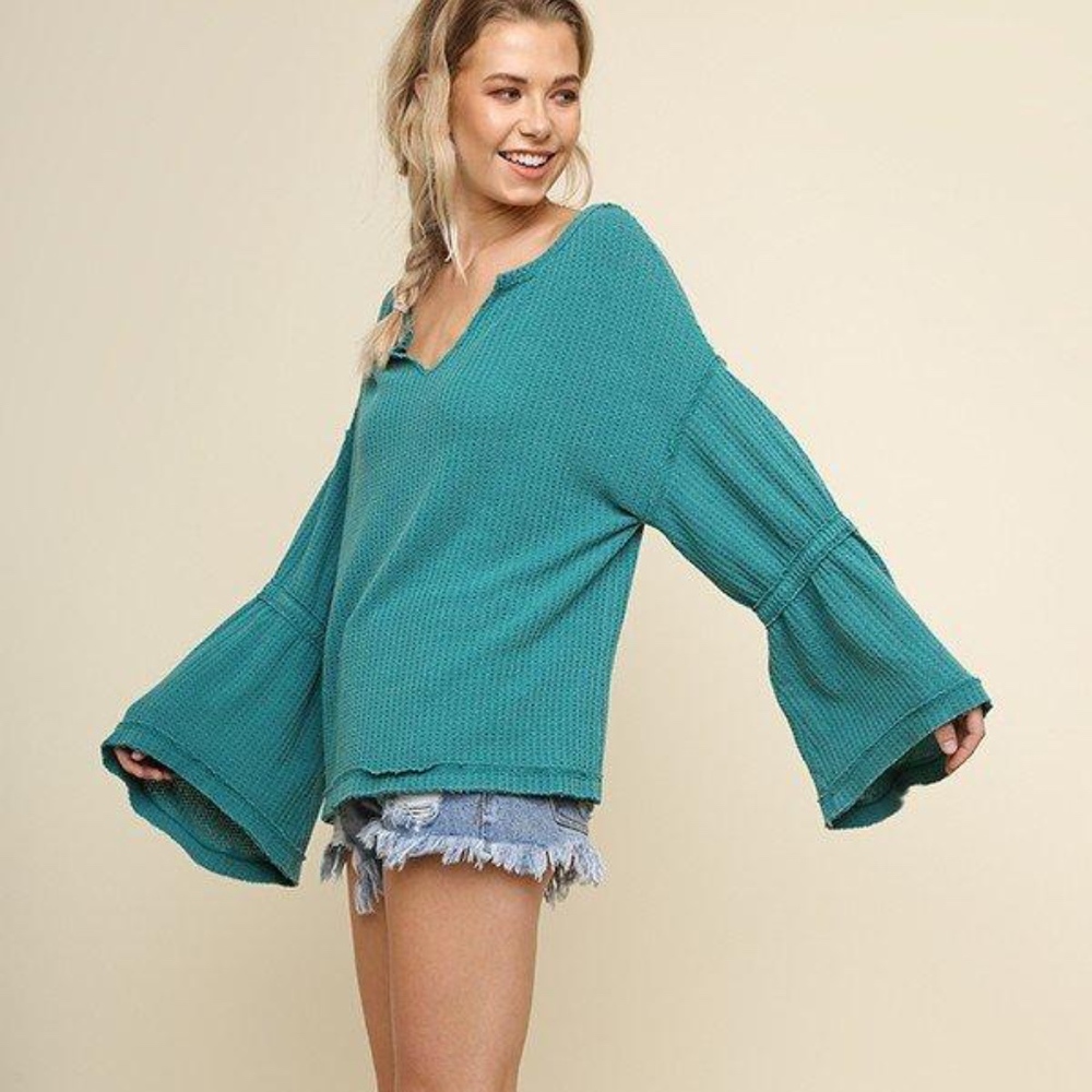 Slouchy Bell Sleeved Teal Waffled Shirt